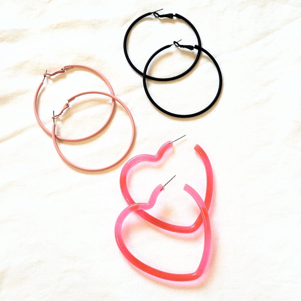 3/$20 Hoop Earrings Pink & Black - Set Of 3 Pairs